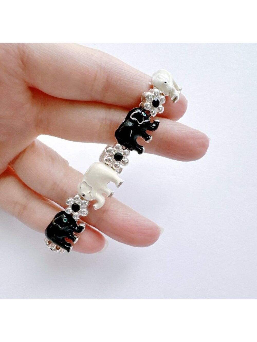 Cute Elephant Charm Bracelet Black White Rhinestone